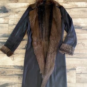 Vintage WHISTLES Dark Brown Soft Leather & Fur Long Overcoat Size Medium